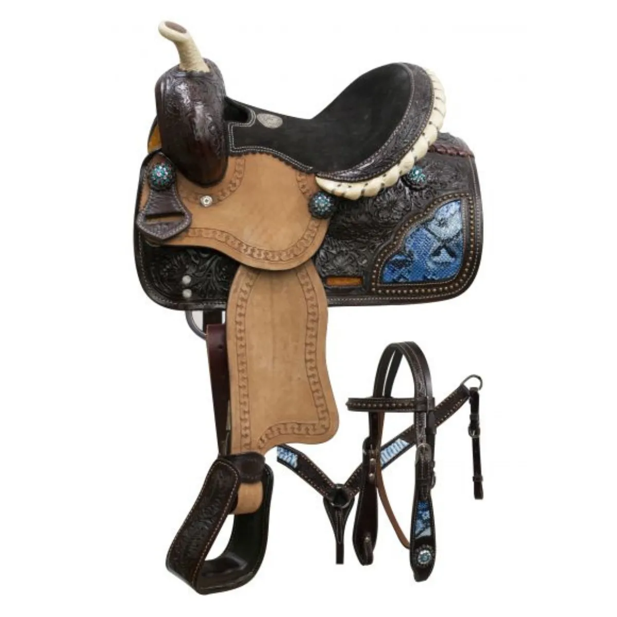 10" DOUBLE T PONY SADDLE SET WITH BLUE SNAKE PRINT INLAYS