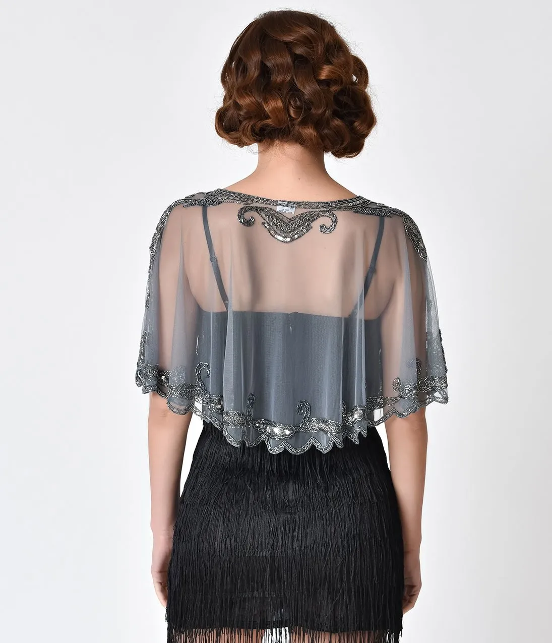 1920s Style Silver Grey Beaded Sheer Mesh Capelet