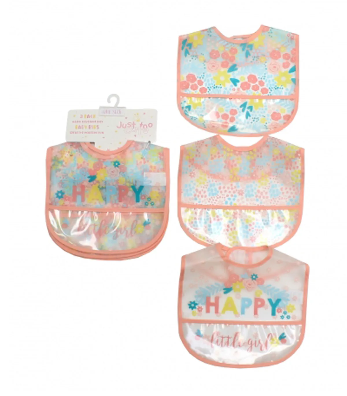 3 PACK GIRLS CLEAR PEVA BIBS - HAPPY LITTLE GIRL (ONE SIZE) 65JTC8883