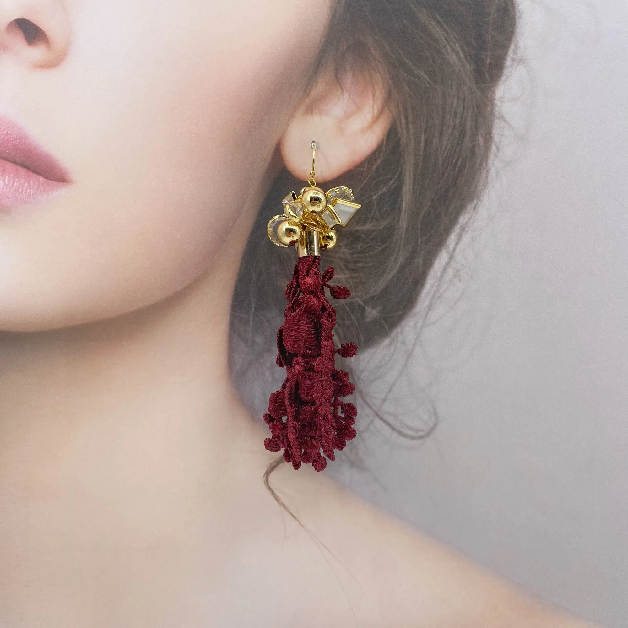 Asymmetrical Crimson Lace Earrings