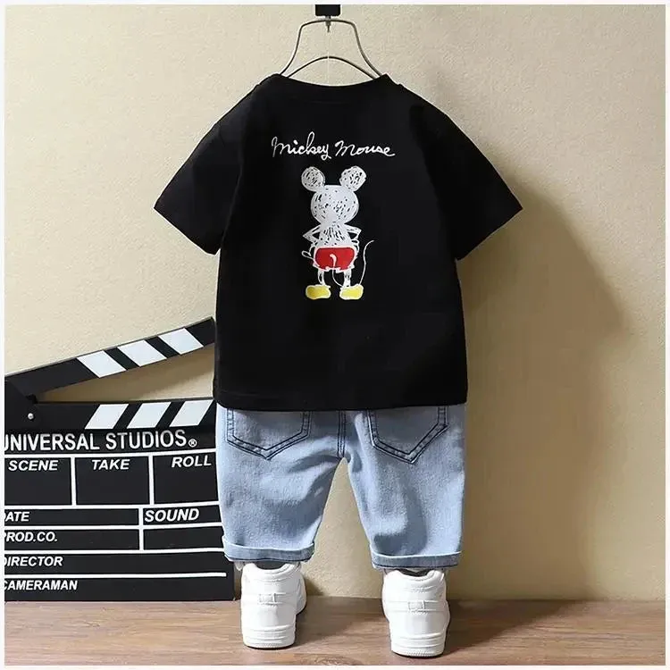 Baby Boys Mickey Mouse Short Sleeve T-shirt Jeans Sets Clothes Summer Children Fashion Clothing Outfits Kids Tracksuits 1-7Year