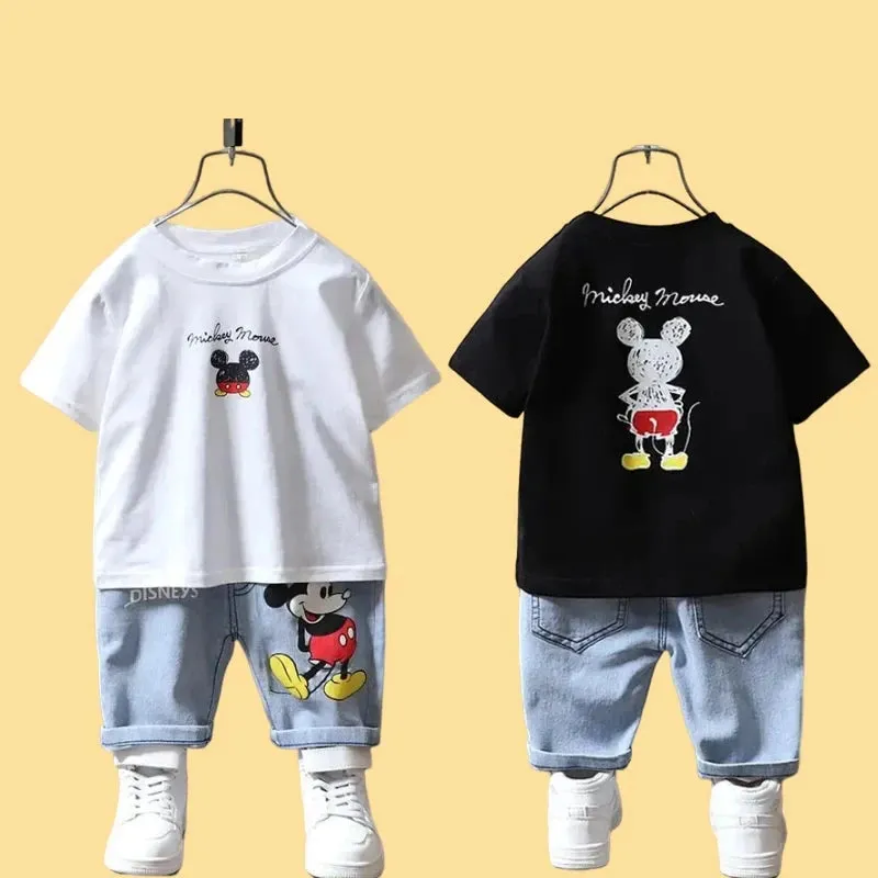 Baby Boys Mickey Mouse Short Sleeve T-shirt Jeans Sets Clothes Summer Children Fashion Clothing Outfits Kids Tracksuits 1-7Year