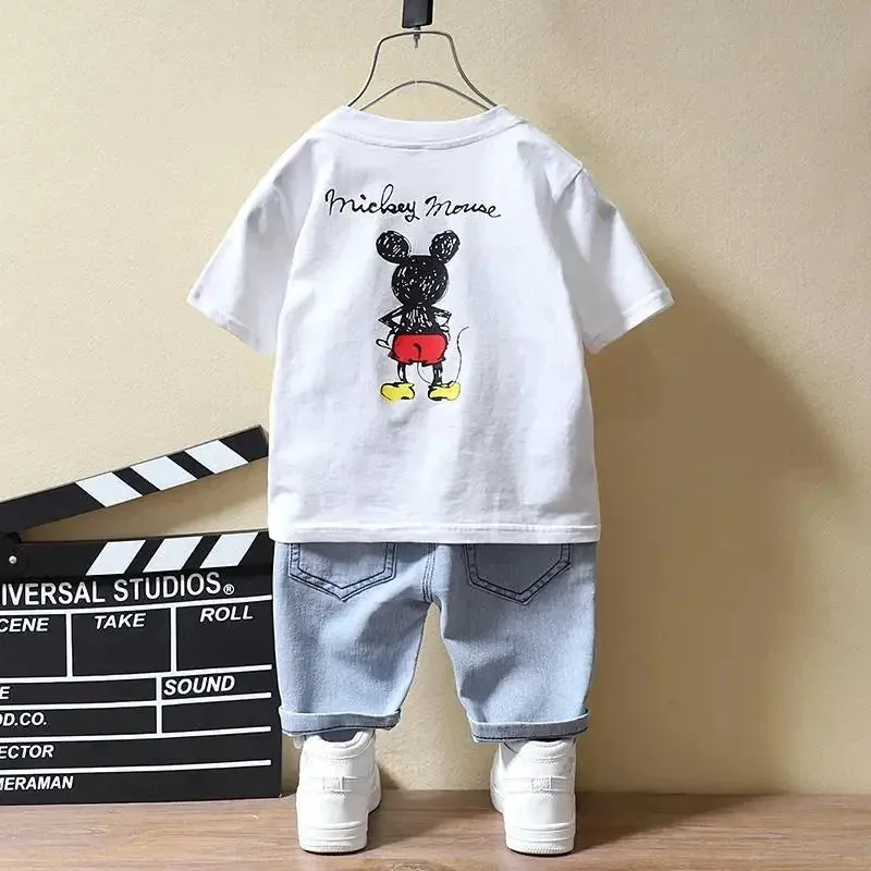 Baby Boys Mickey Mouse Short Sleeve T-shirt Jeans Sets Clothes Summer Children Fashion Clothing Outfits Kids Tracksuits 1-7Year