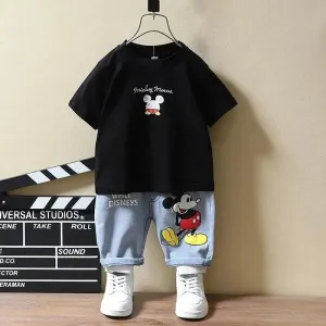 Baby Boys Mickey Mouse Short Sleeve T-shirt Jeans Sets Clothes Summer Children Fashion Clothing Outfits Kids Tracksuits 1-7Year