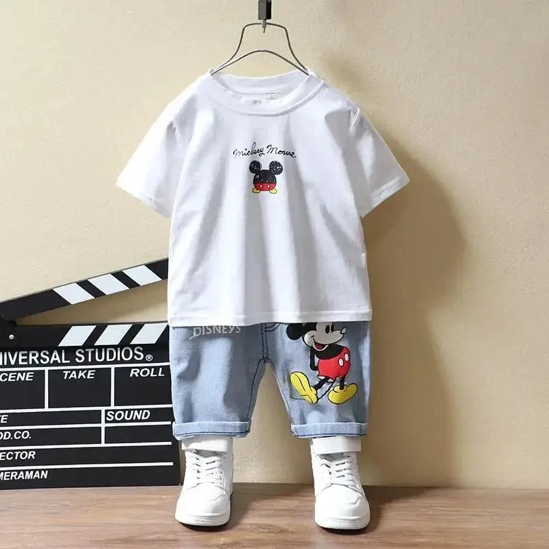 Baby Boys Mickey Mouse Short Sleeve T-shirt Jeans Sets Clothes Summer Children Fashion Clothing Outfits Kids Tracksuits 1-7Year