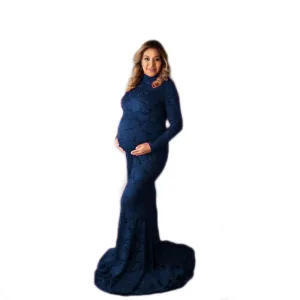 Babymoon High Neck Full Sleeve Maternity Gown Dress - Blue