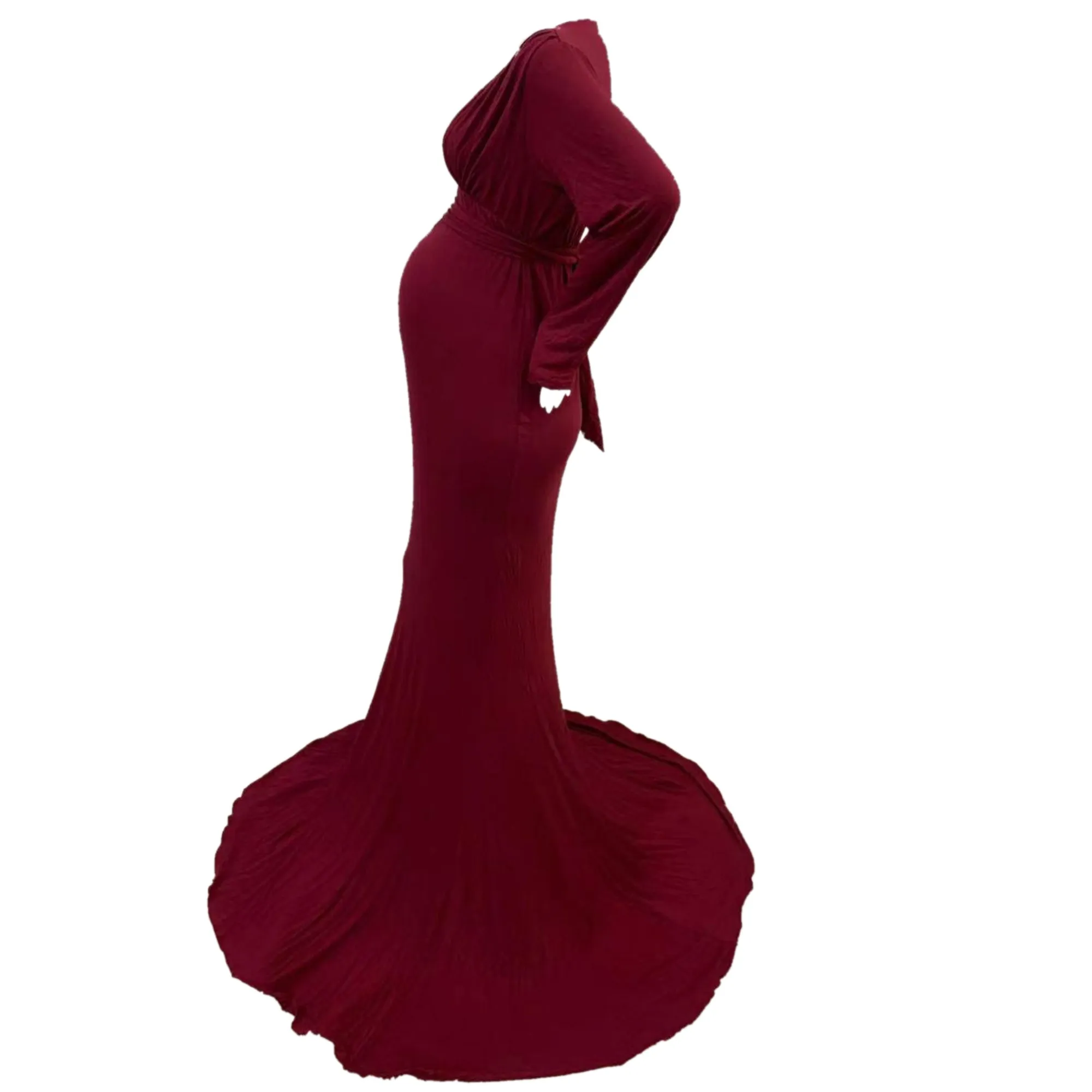 Babymoon V Neck Maternity Gown Dress - Maroon