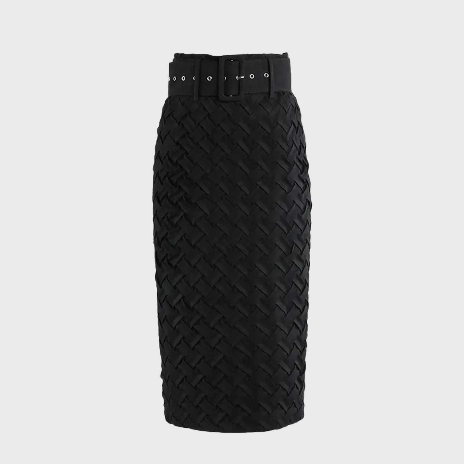 Black Knitted Belted Pencil Skirt