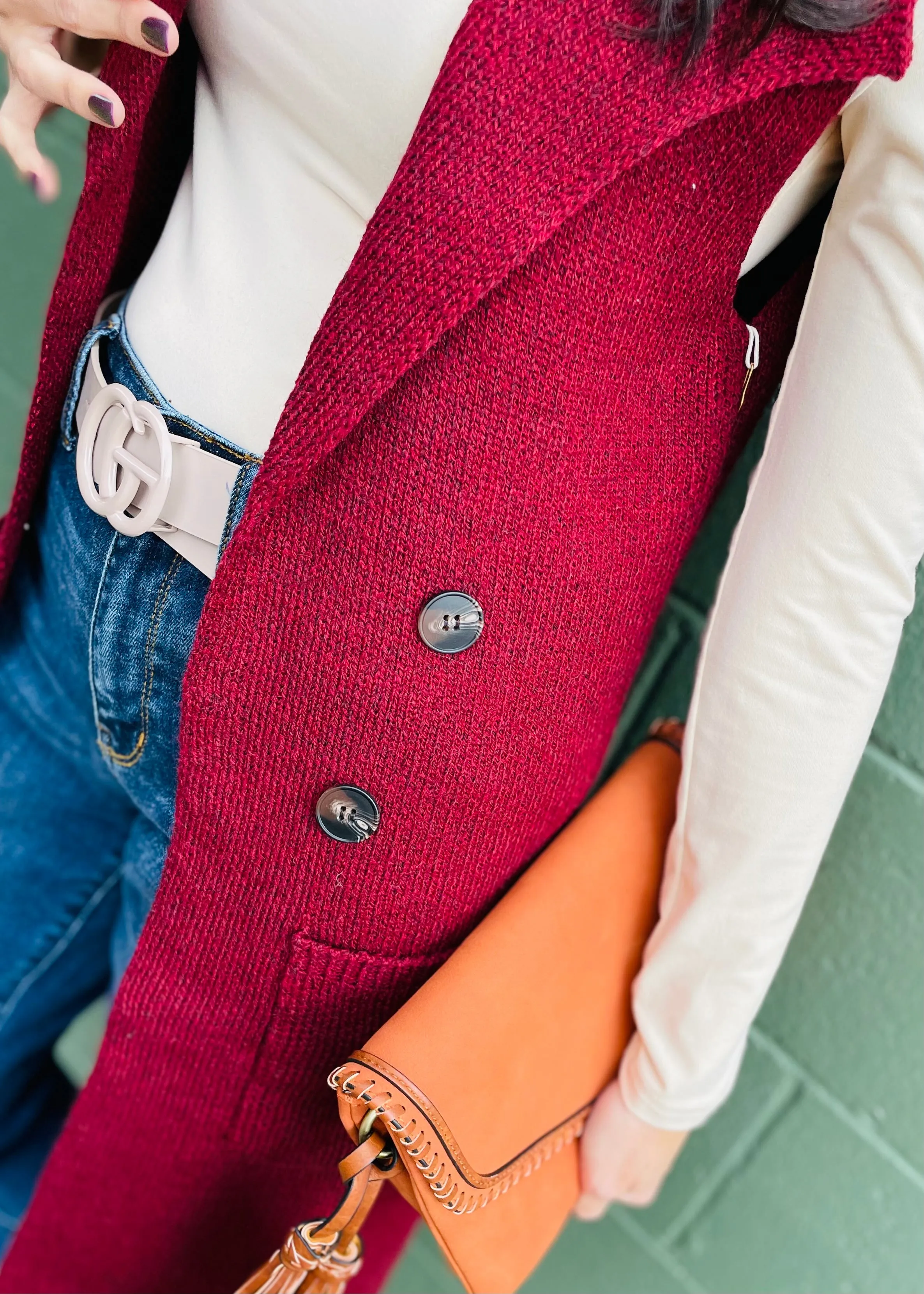 Burgundy Sleeveless Long Sweater Vest