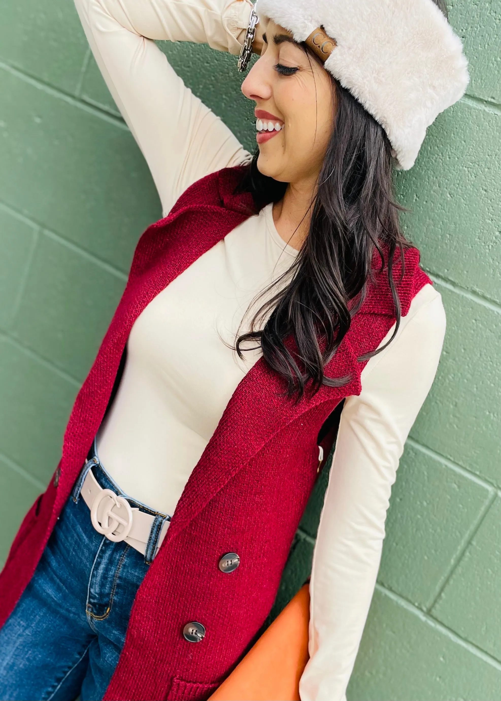 Burgundy Sleeveless Long Sweater Vest