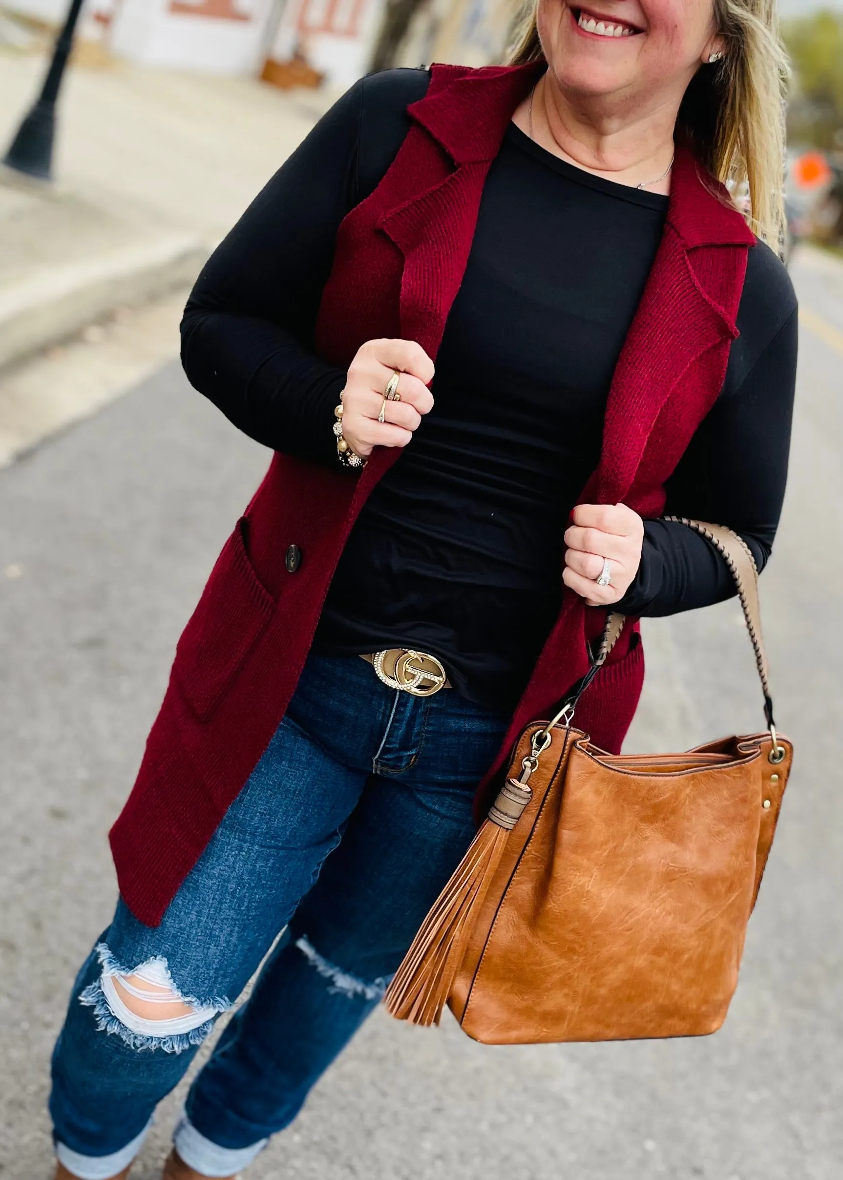 Burgundy Sleeveless Long Sweater Vest