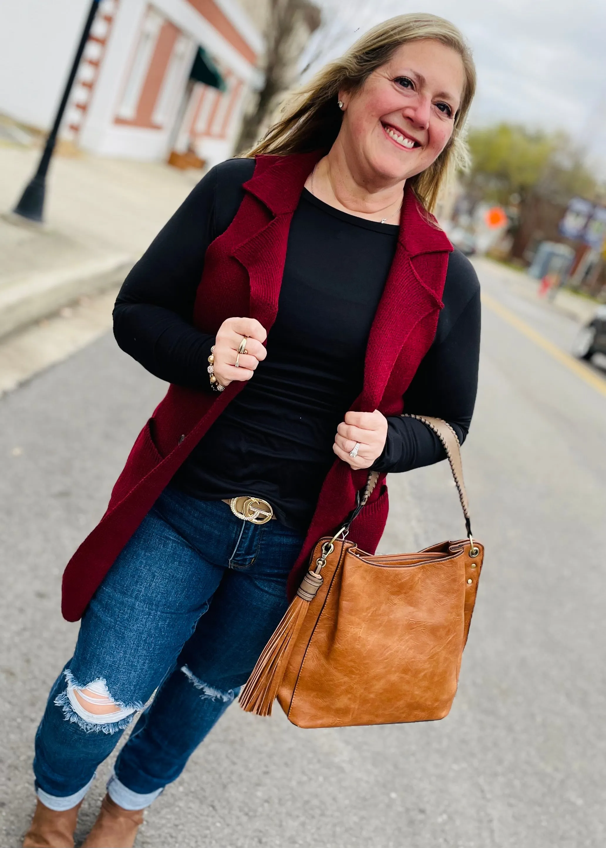 Burgundy Sleeveless Long Sweater Vest