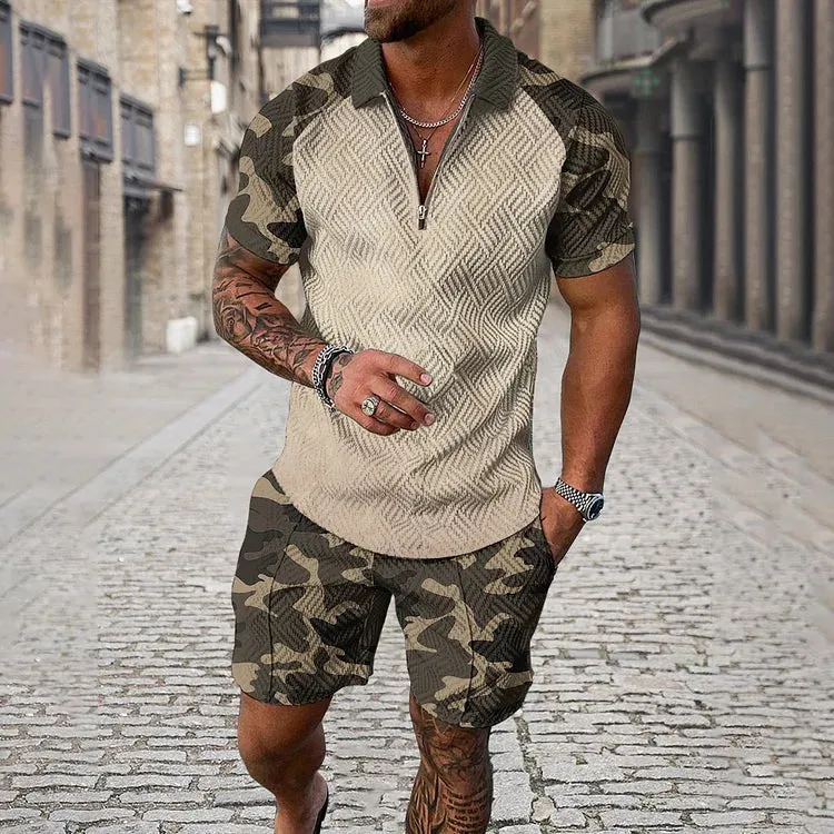 Camouflage Sleeve Polo Shirt And Shorts Co-Ord