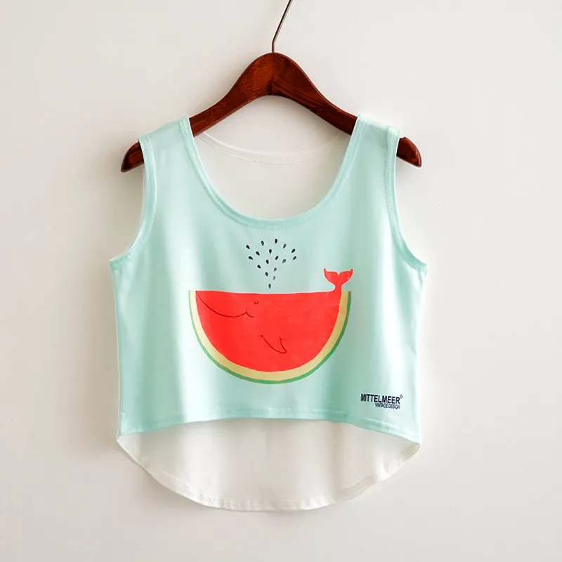 Cat Peeking Printed Crop Top Sleeveless Shirt