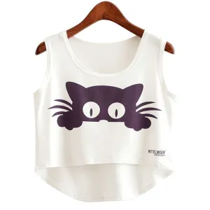 Cat Peeking Printed Crop Top Sleeveless Shirt