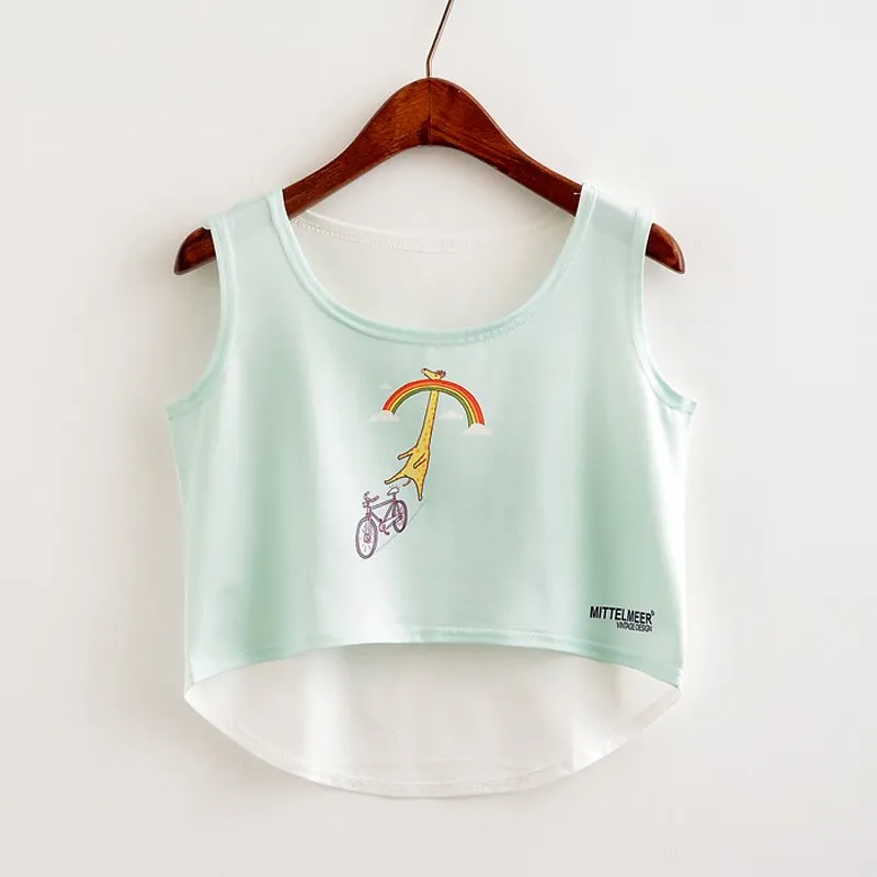 Cat Peeking Printed Crop Top Sleeveless Shirt