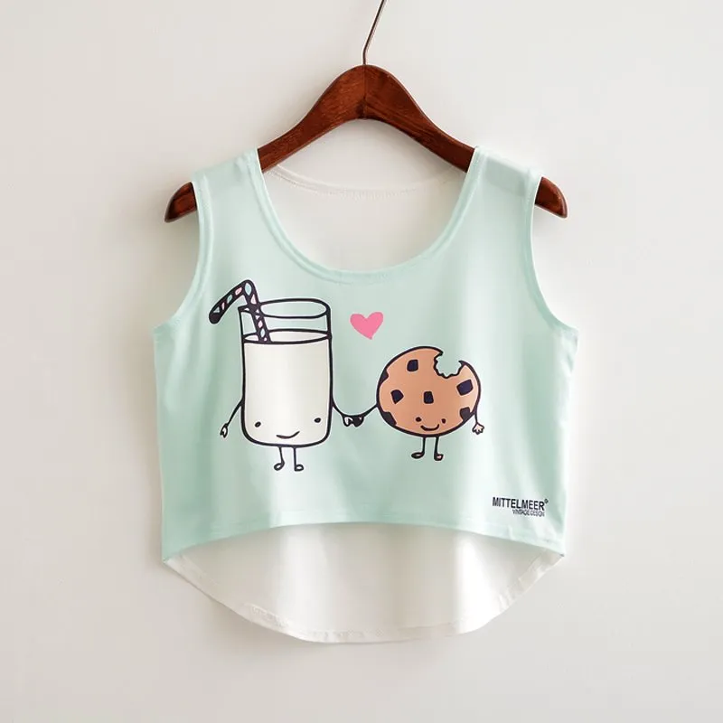 Cat Peeking Printed Crop Top Sleeveless Shirt