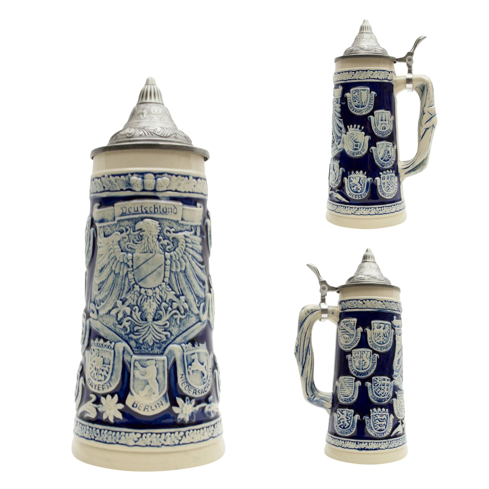 Cobalt Blue Germany Coats of Arms Engraved Beer Stein with Metal Lid