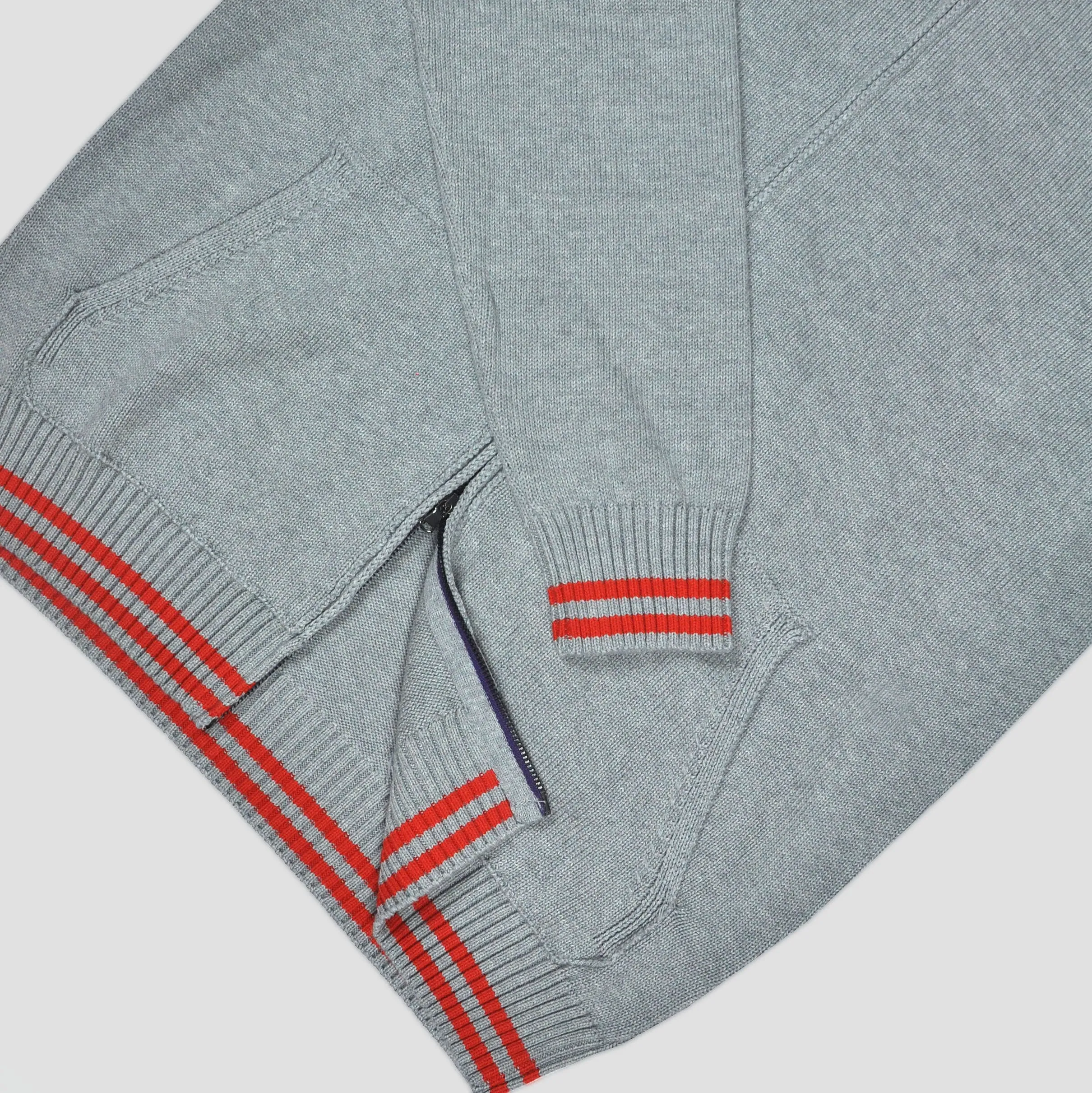 Cotton Zip-up Hooded Jumper in Light Grey with Orange Bands