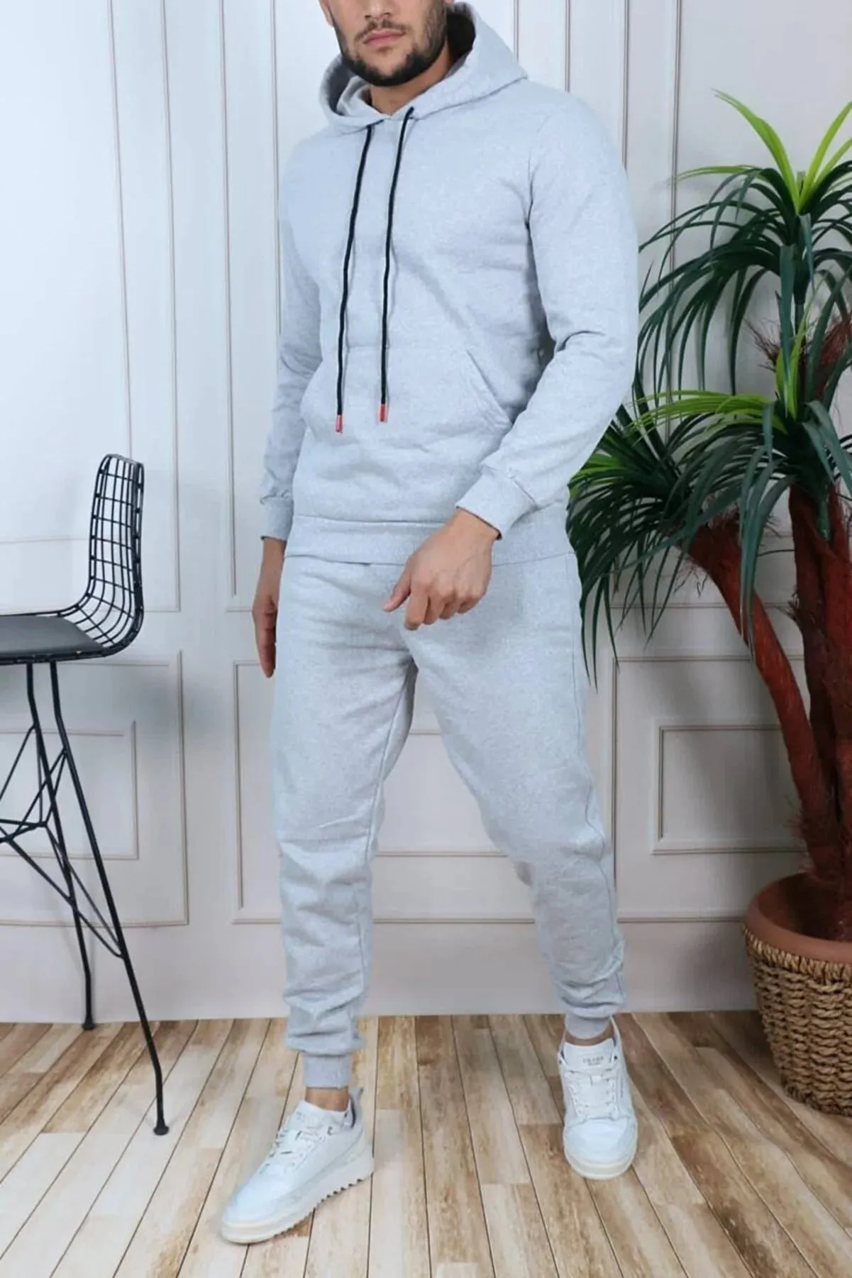 Exsport Men's Grey Thread Half Zippered Cotton Inside Winter Tracksuit