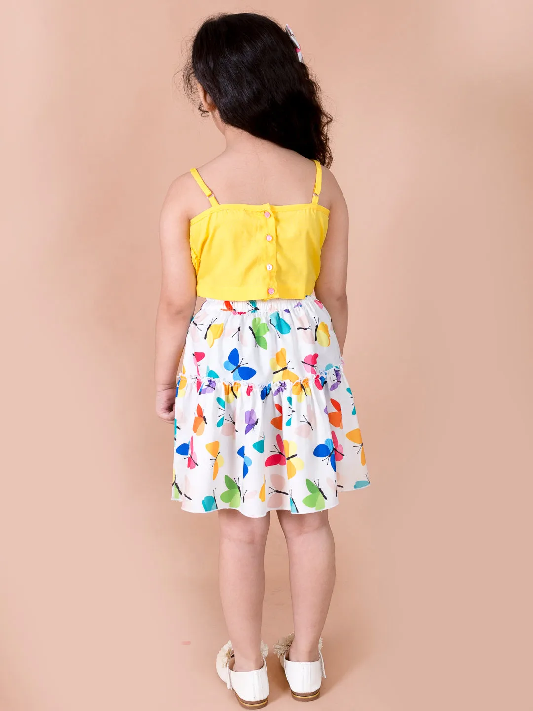 Girls Yellow Solid Top With Skirt