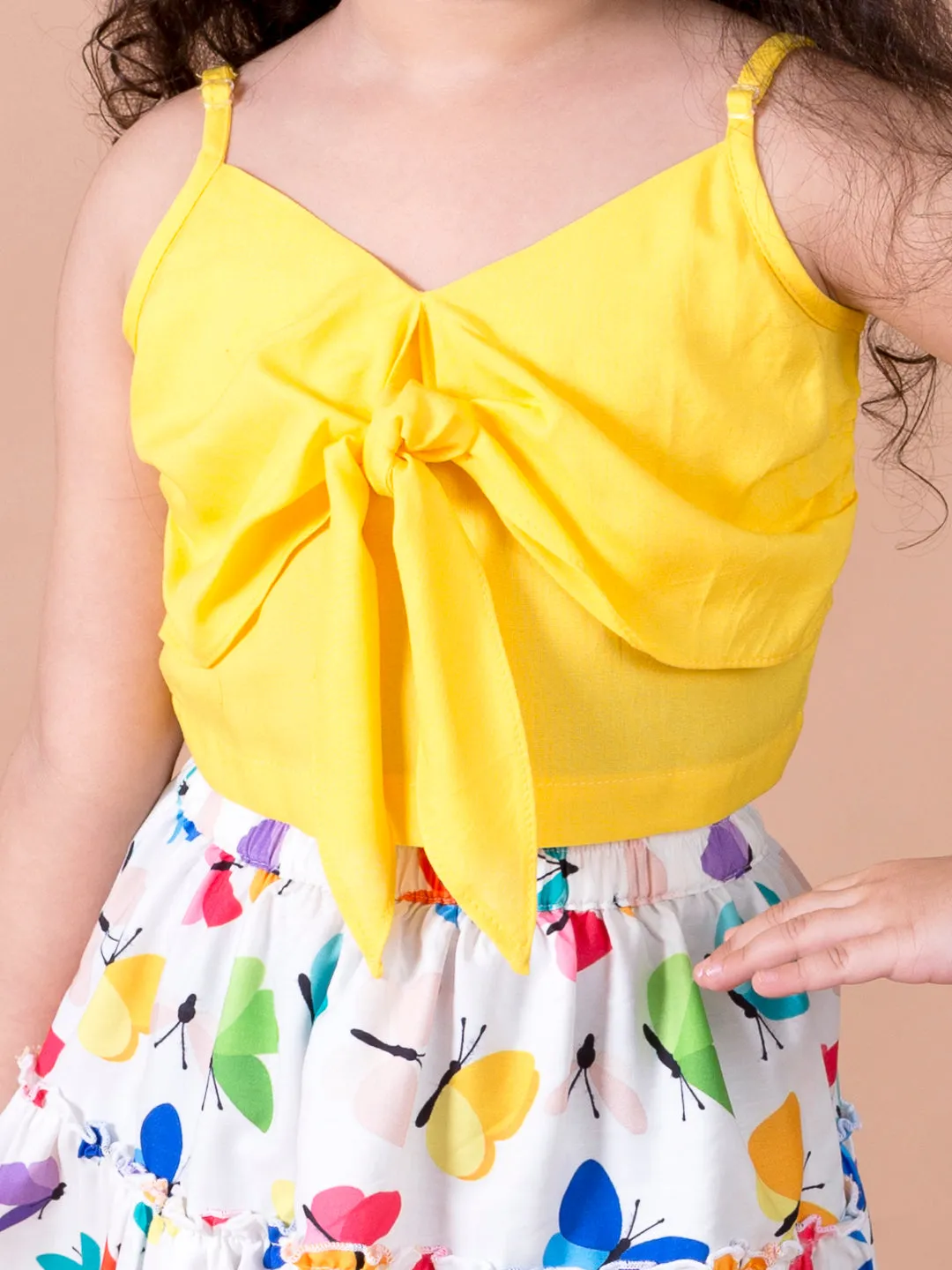 Girls Yellow Solid Top With Skirt