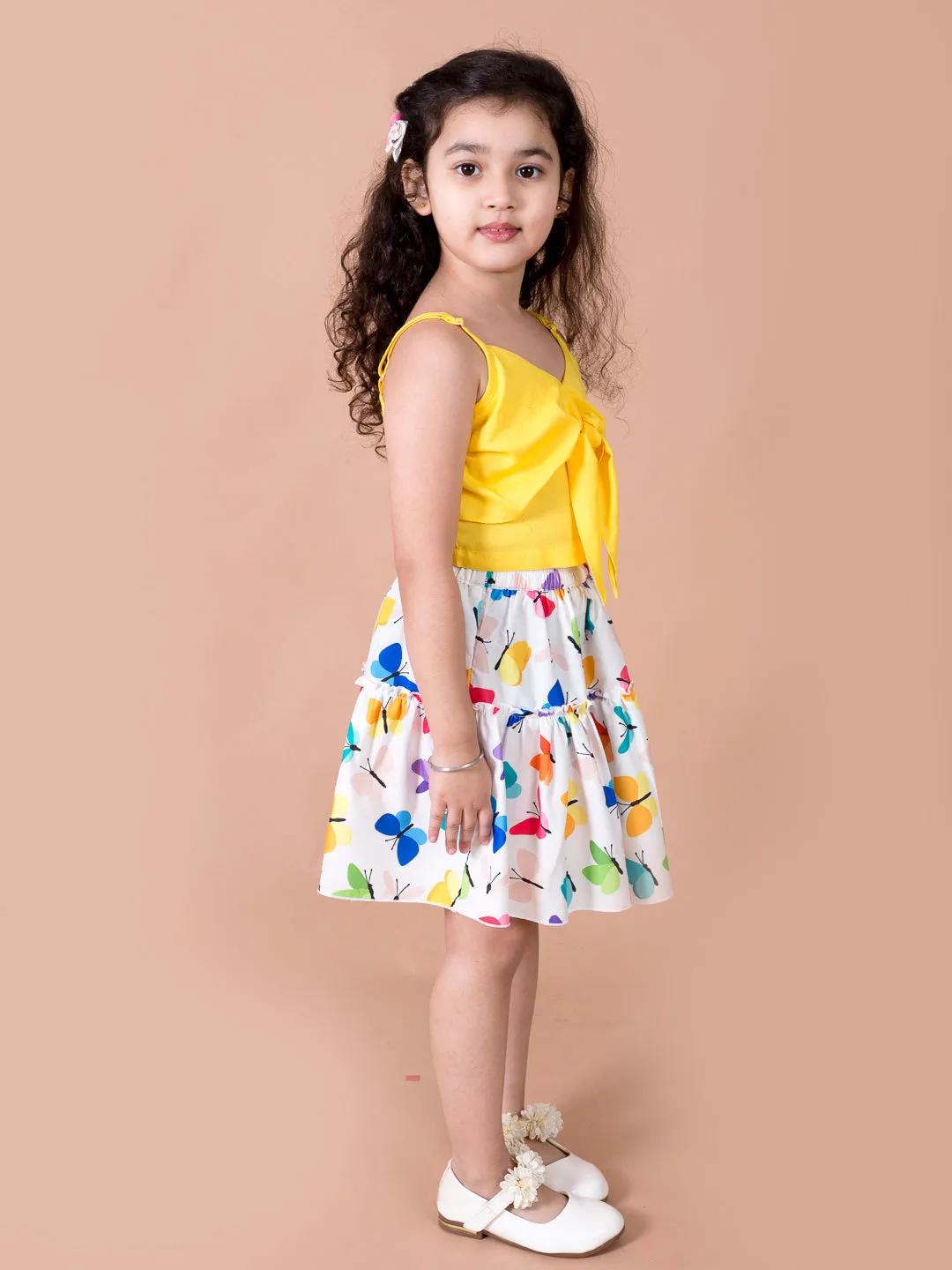 Girls Yellow Solid Top With Skirt