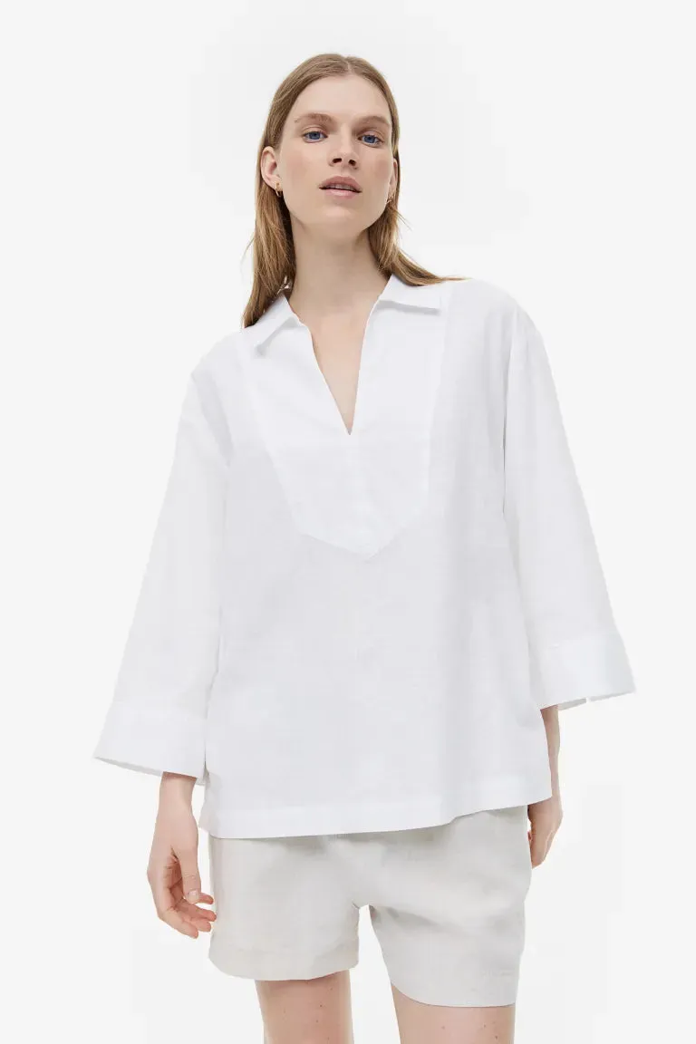 H&M linen blend pullover shirt, white