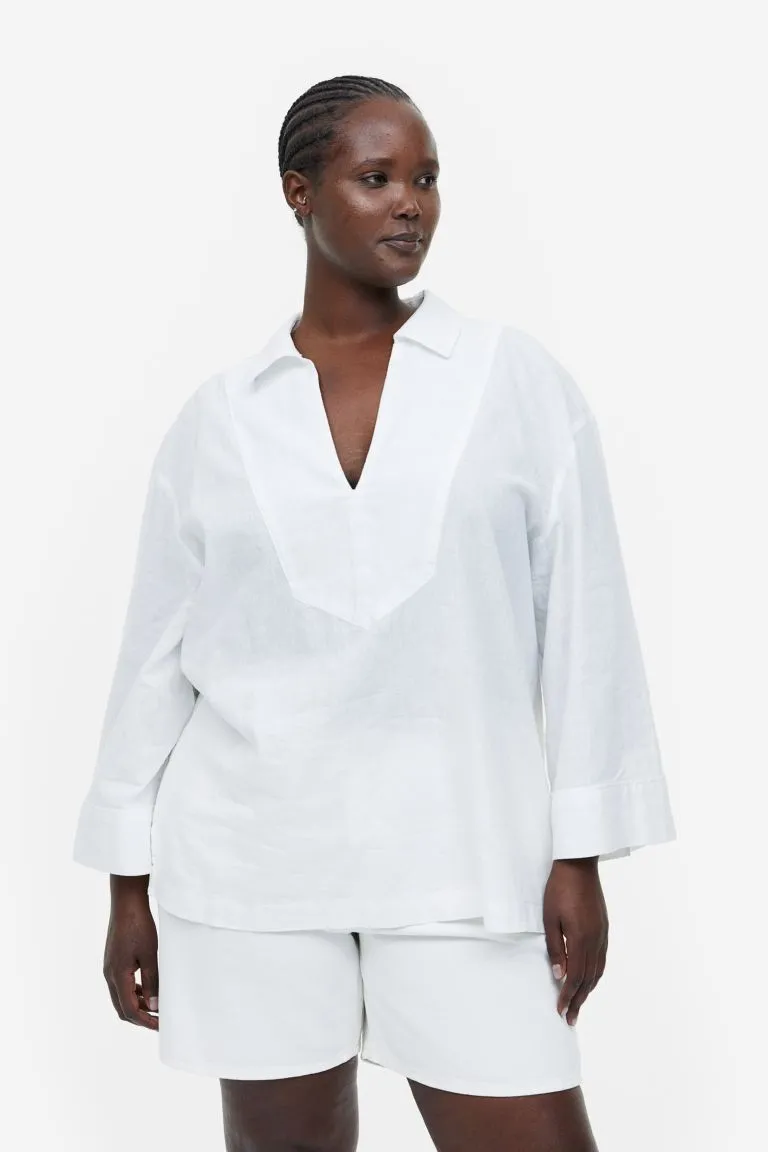 H&M linen blend pullover shirt, white