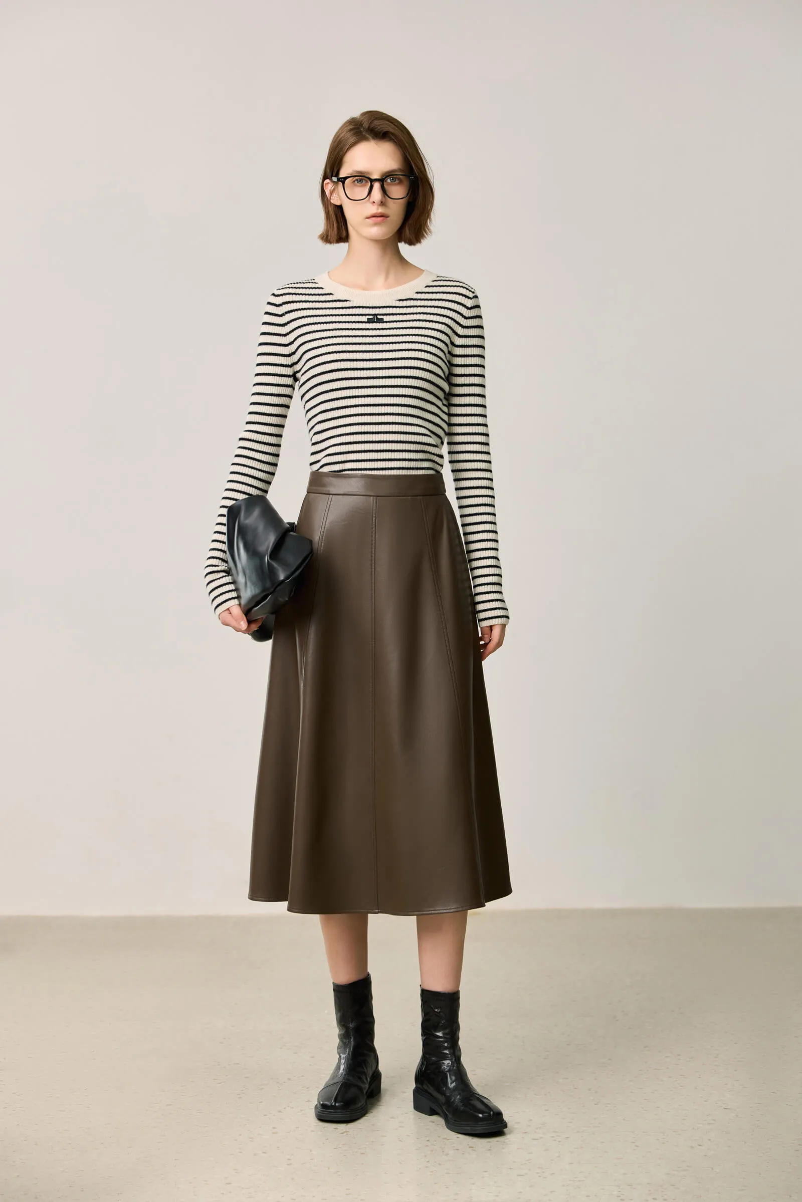 LILY Vintage Minimalist Draped Leather Skirt