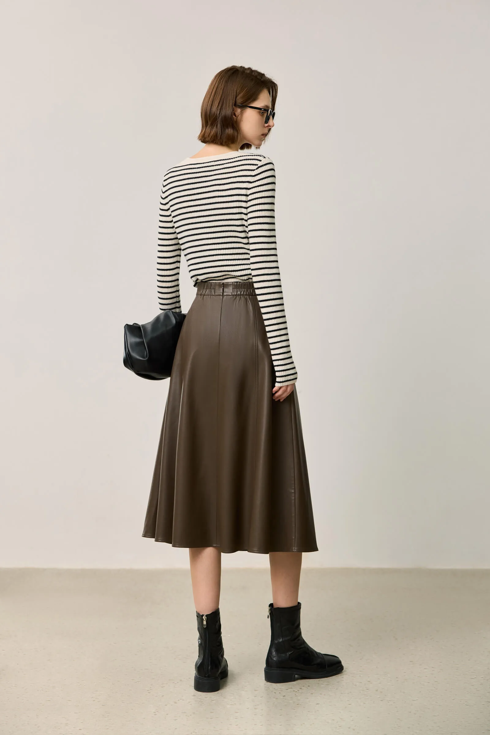 LILY Vintage Minimalist Draped Leather Skirt