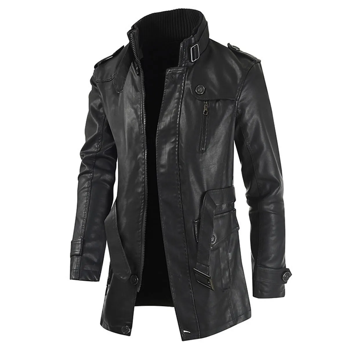 Men's Black Genuine Sheepskin Stand Collar Motorcycle Biker Warm Casual Leather Coat Jacket