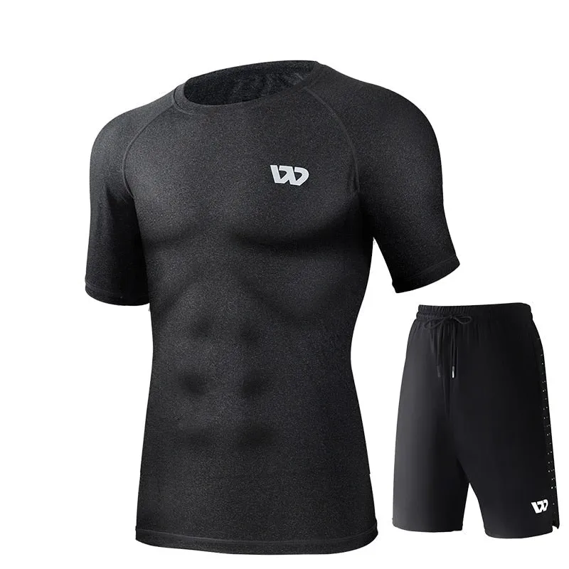 Men's Workout Tracksuit Short Sleeve Bodybuilding Muscle T-Shirts and Shorts Set for Running Jogging Athletic Sports