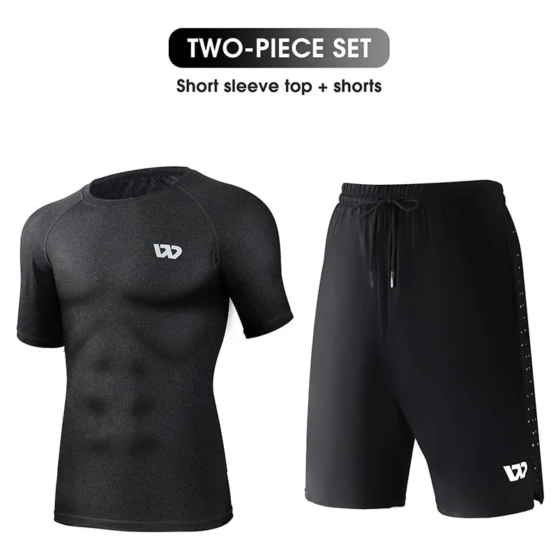 Men's Workout Tracksuit Short Sleeve Bodybuilding Muscle T-Shirts and Shorts Set for Running Jogging Athletic Sports