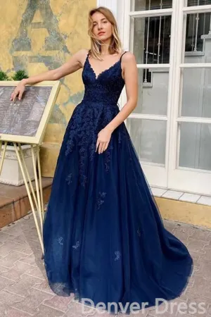 Navy Blue Lace V-Neck Spaghetti Straps A-Line Tulle Appliques Long Evening Gowns Prom Dresses