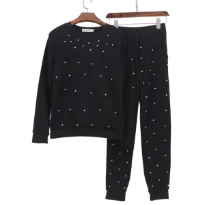 New Fashion Long Sleeve Pearl Beading Women's Tracksuits O-Neck Sweatshirt   Long Pants 2 Piece Women Set (US 6-16)