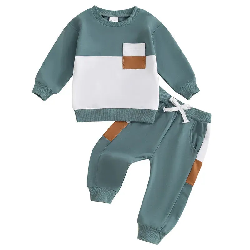 Newborn Baby Boy Pant Sets Fall Clothes Contrast Colors Long Sleeve Sweatshirt and Elastic Pants 2 Piece Track Suit Outfits