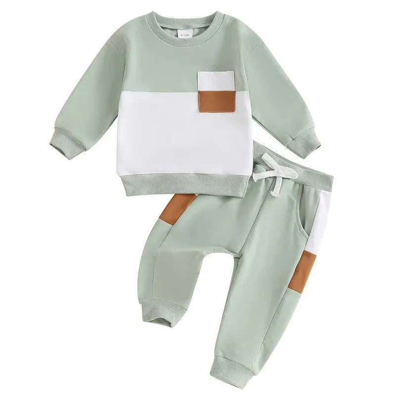 Newborn Baby Boy Pant Sets Fall Clothes Contrast Colors Long Sleeve Sweatshirt and Elastic Pants 2 Piece Track Suit Outfits