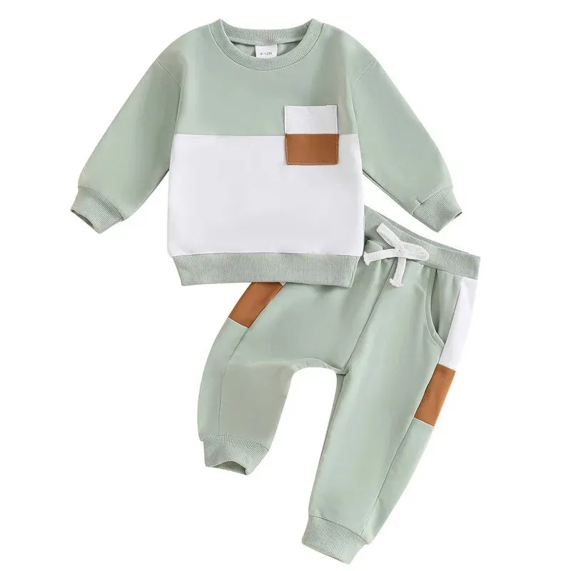 Newborn Baby Boy Pant Sets Fall Clothes Contrast Colors Long Sleeve Sweatshirt and Elastic Pants 2 Piece Track Suit Outfits