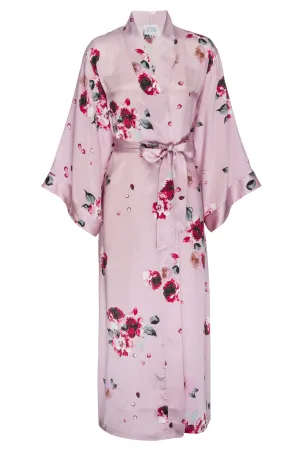 Silk Charmeuse Long Silk Robe: Blush and Crimson Rose Print