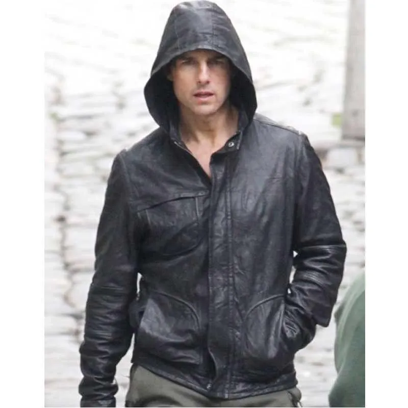 Tom Cruise  M.I 4 Ghost Protocol Black Hoddie Leahter Jacket