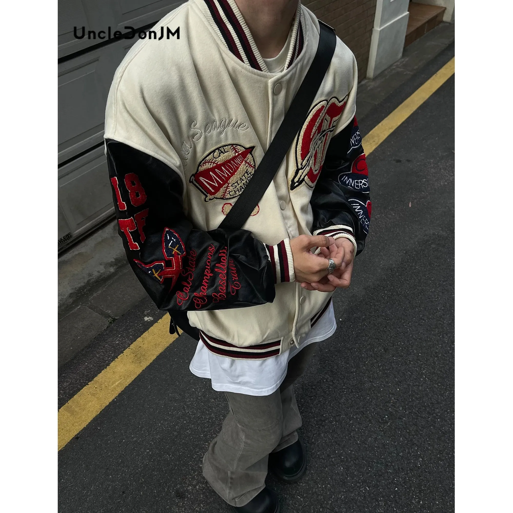 Vintage Flocked Embroidery Patchwork Varsity Jacket with PU Leather Sleeve