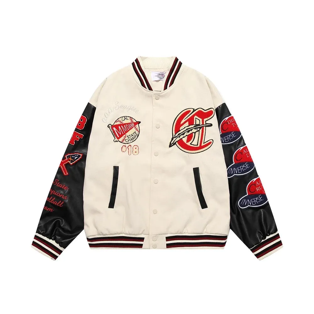 Vintage Flocked Embroidery Patchwork Varsity Jacket with PU Leather Sleeve