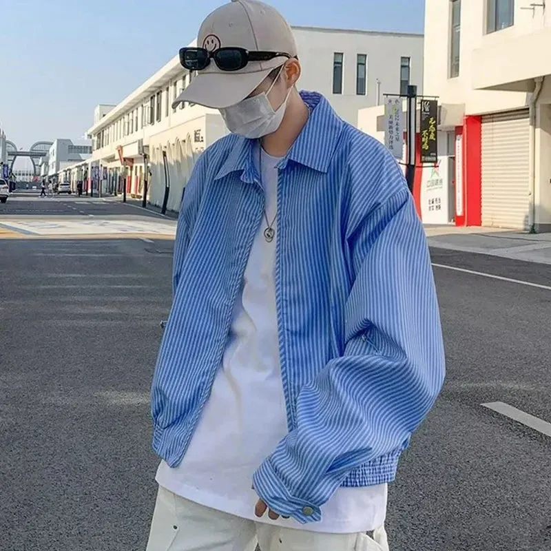 Wiaofellas  -  fall outfits men Spring Clothing Men's Leisure Striped Zipper Short Shirt Jacket  Korean Sky Blue Harajuku Long Sleeve Light Luxury Coats