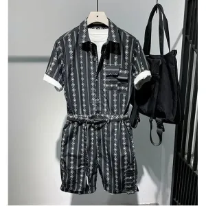 WIAOFELLAS  -  Full Print Workwear Jumpsuit Men's Summer Short Sleeved Lapel Tracksuit Loose Casual Clothing Design Outerwear Romper