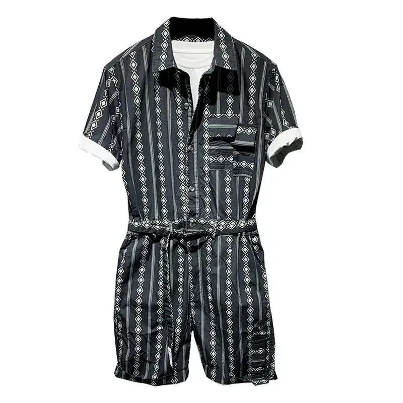 WIAOFELLAS  -  Full Print Workwear Jumpsuit Men's Summer Short Sleeved Lapel Tracksuit Loose Casual Clothing Design Outerwear Romper