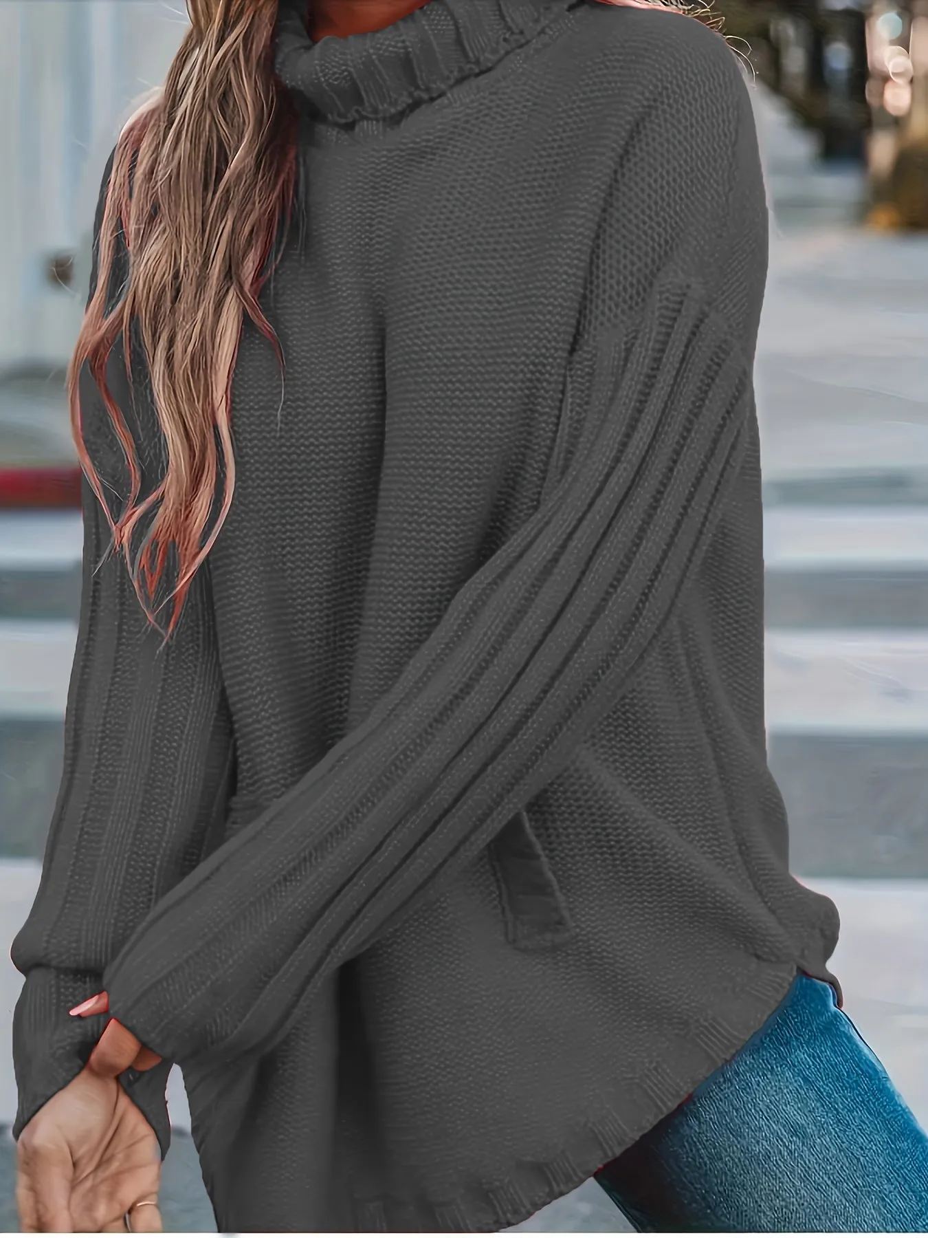 Women's Plus Solid Long Sleeve High Neck Sweater - Effortless Style with a Touch of Sophistication