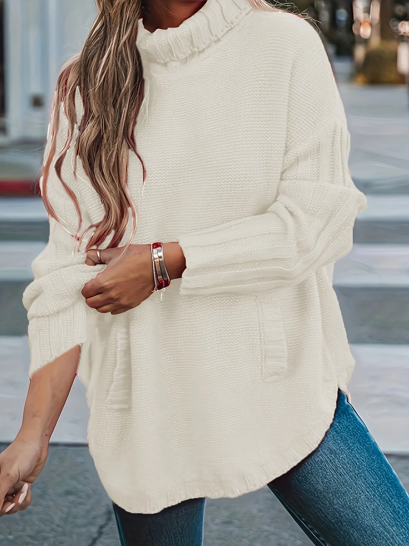 Women's Plus Solid Long Sleeve High Neck Sweater - Effortless Style with a Touch of Sophistication