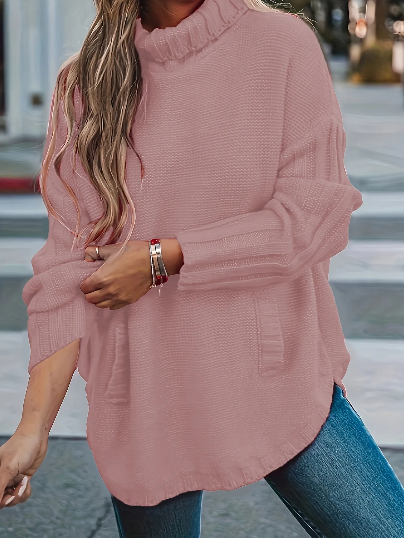 Women's Plus Solid Long Sleeve High Neck Sweater - Effortless Style with a Touch of Sophistication