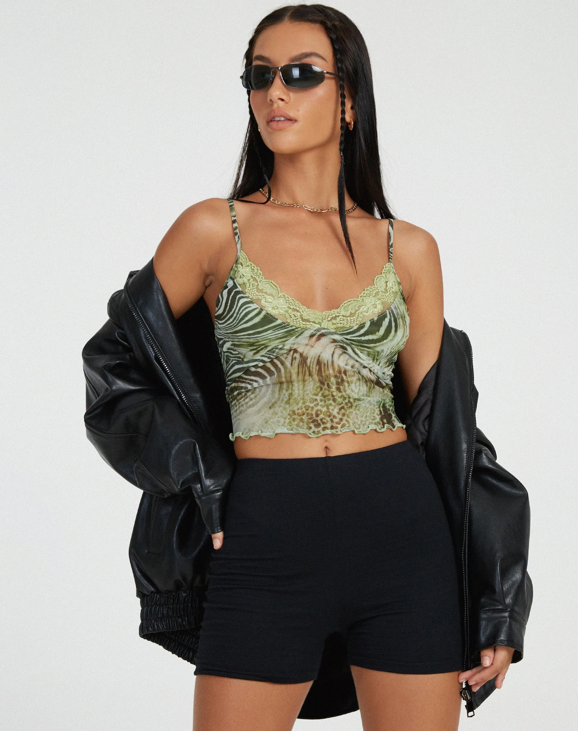 Yenika Cami Top in Mesh Cheetah Green